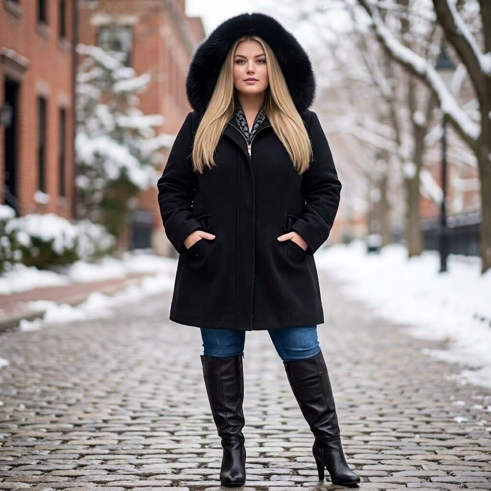 Preston & York Woman 20W Black Wool Blend Coat Fox Fur Trim Hooded Coat Mob Wife